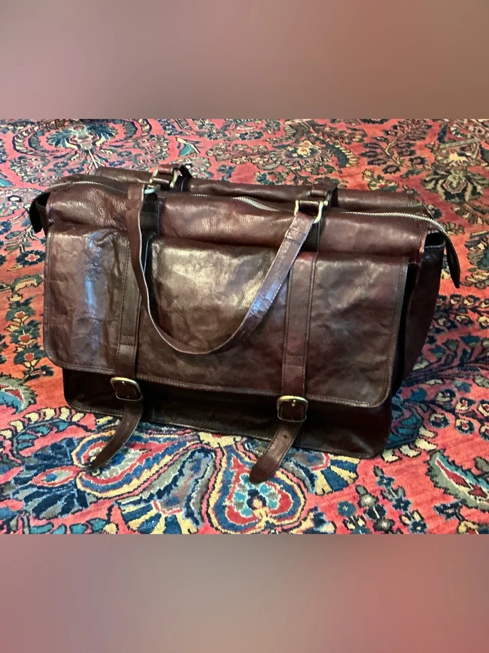 Vintage Genuine Leather Dark Brown Messenger Satchel Work Bag Made in India 20”
